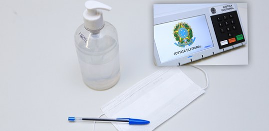 urna eletrônica, alcool gel e caneta