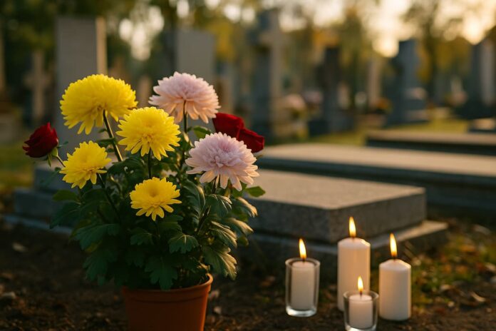 Dia de Finados Flores e velas no túmulo, cemitério dia de finados