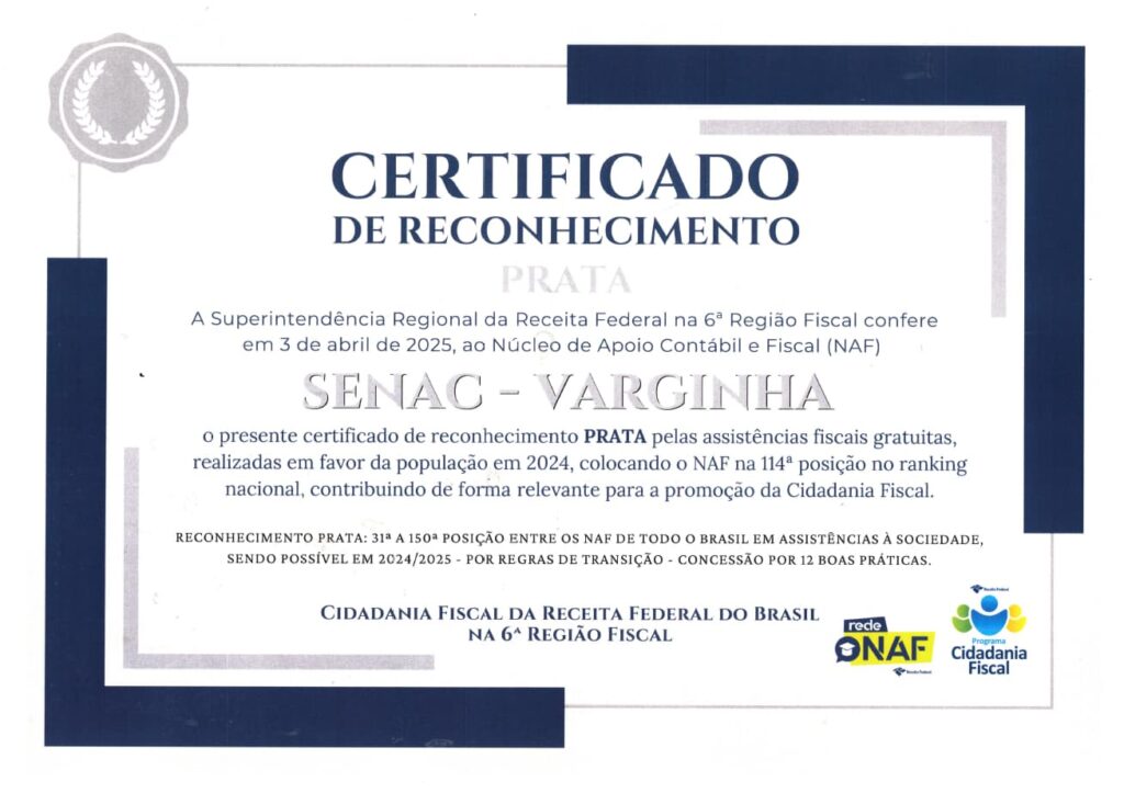 NAF do Senac em Varginha é premiado pela Receita Federal