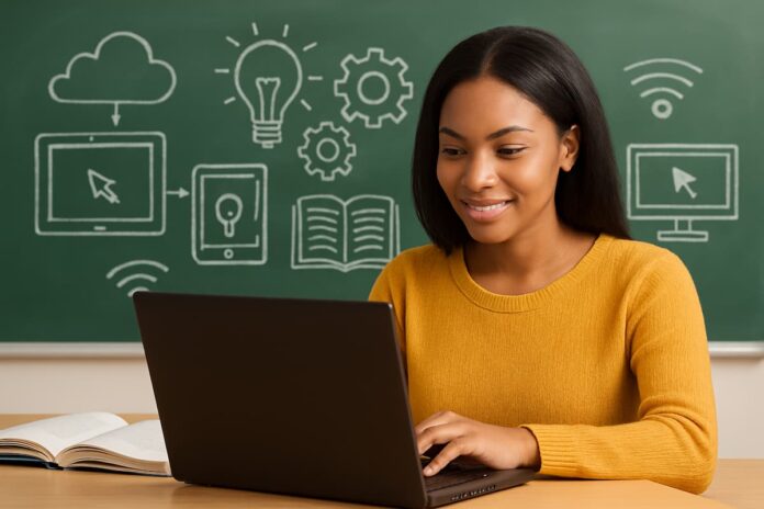 curso-gratuito-pos-graduacao-informatica-educacao Mulher em frente ao notebook estudando