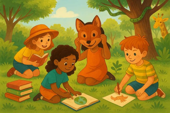 desenho de crianças desenhando no parque