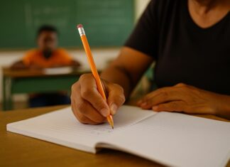 EJA abre matrículas para quem deseja concluir o Ensino Fundamental em Varginha Eja aluna pessoa mais velha escrevendo