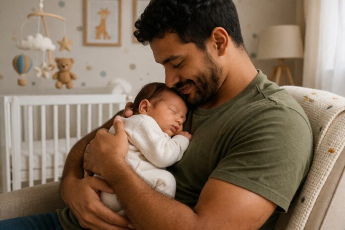 Pai segurando recém-nascido no colo em casa, representando licença-paternidade no Brasil
