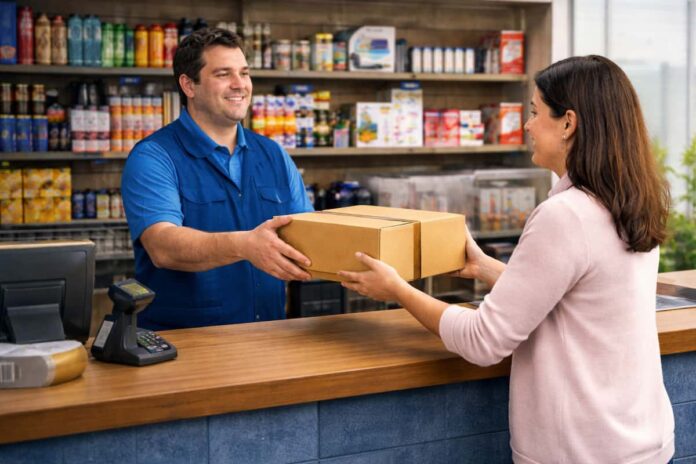 coleta Funcionário entrega caixa de encomenda a cliente em balcão de loja, representando ponto de coleta.