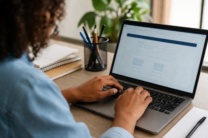inscrições-minas-gerais Pessoa utilizando notebook para realizar inscrição online em processo seletivo da educação de Minas Gerais em ambiente de trabalho organizado