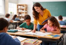 Escola SESI abre vaga para professor em Varginha; inscrições vão até 30 de agosto Professora orienta alunos em sala de aula da rede pública durante atividade pedagógica.