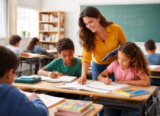 Escola SESI abre vaga para professor em Varginha; inscrições vão até 30 de agosto Professora orienta alunos em sala de aula da rede pública durante atividade pedagógica.