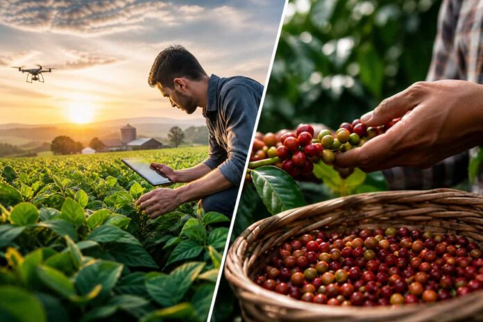cafeicultura-agronomia-cursos-superiores-gratuitos Imagem de homens no campo que representam os cursos superiores gratuitos de cafeicultura e agronomia do IF SUL DE MINAS