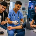 Jovens representando profissões em cursos técnicos