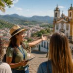 Mulher guia de turismo mostrando a cidade para tuuristas representando curso técnico de turismo em minas gerais