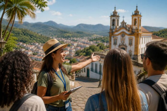guia-de-turismo Mulher guia de turismo mostrando a cidade para tuuristas representando curso técnico de turismo em minas gerais