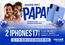 Shopping de Varginha sorteia dois iPhones 17 em campanha de Dia dos Pais Via Café Shopping, em Varginha, lança campanha de Dia dos Pais com sorteio de dois iPhones 17. A cada R$ 350 em compras, clientes concorrem aos prêmios.