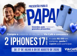 Shopping de Varginha sorteia dois iPhones 17 em campanha de Dia dos Pais Via Café Shopping, em Varginha, lança campanha de Dia dos Pais com sorteio de dois iPhones 17. A cada R$ 350 em compras, clientes concorrem aos prêmios.