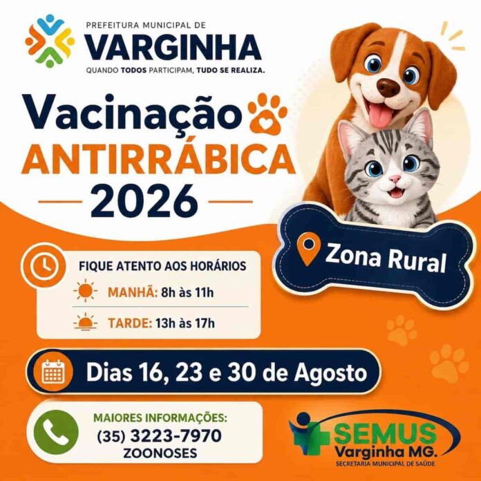 vacinacao-antirrabica-zona-rural-varginha-agosto-2026 Varginha realiza a vacinação antirrábica na zona rural nos dias 16, 23 e 30 de agosto. Confira os horários da campanha e como proteger cães e gatos.