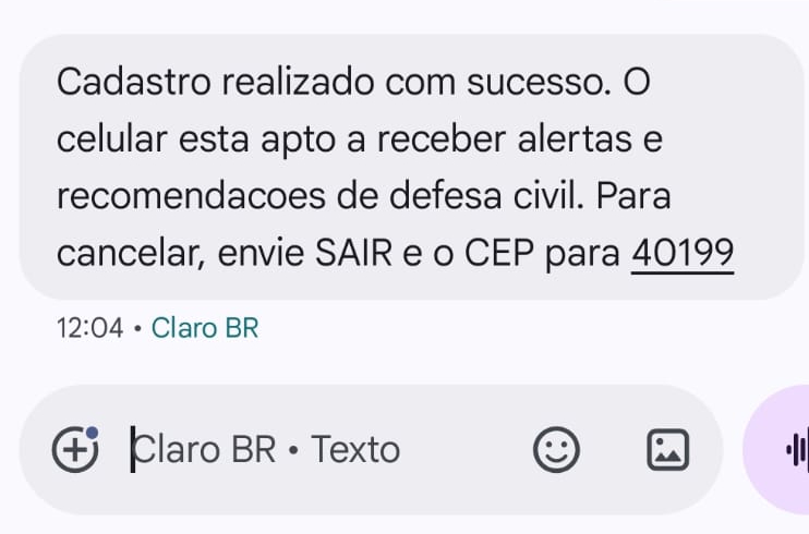 Mensagem após cadastro de alerta da defesa civil